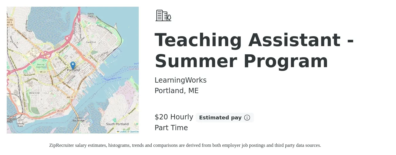 LearningWorks job posting for a Teaching Assistant - Summer Program in Portland, ME with a salary of $21 Hourly with a map of Portland location.
