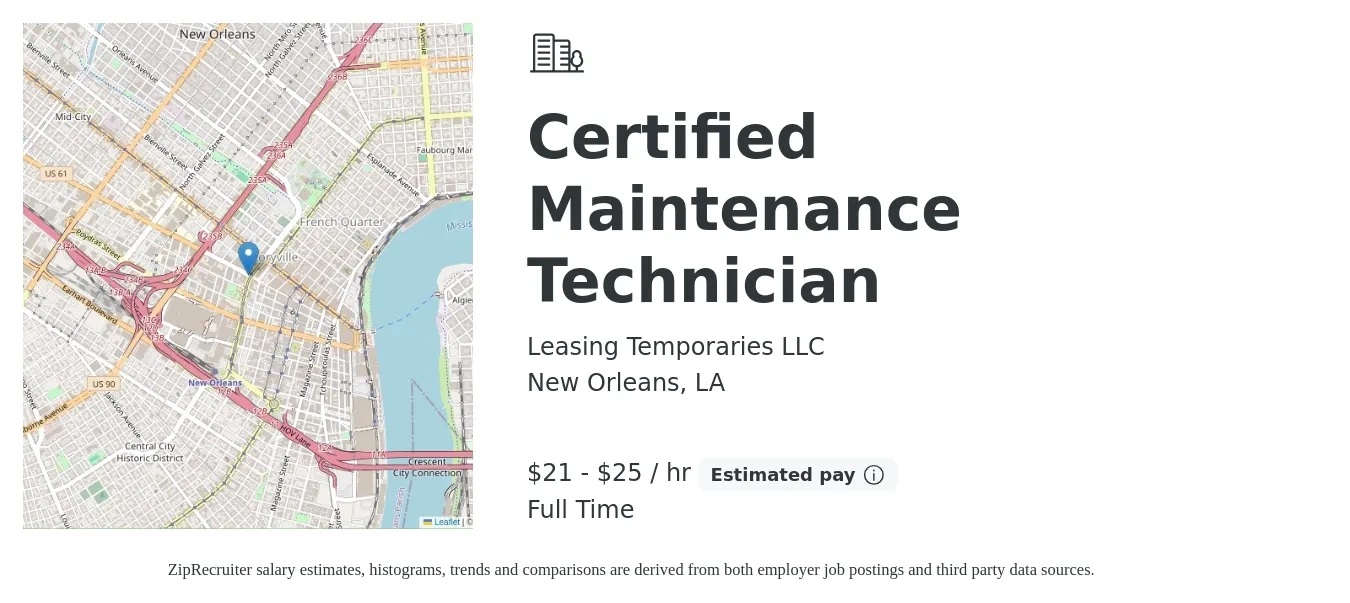 Leasing Temporaries LLC job posting for a Certified Maintenance Technician in New Orleans, LA with a salary of $22 to $27 Hourly with a map of New Orleans location.