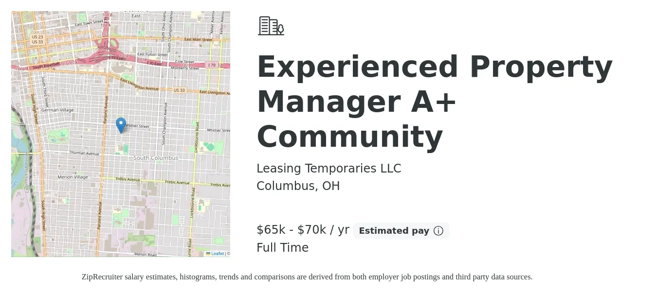 Leasing Temporaries LLC job posting for a Experienced Property Manager A+ Community in Columbus, OH with a salary of $65,000 to $70,000 Yearly with a map of Columbus location.