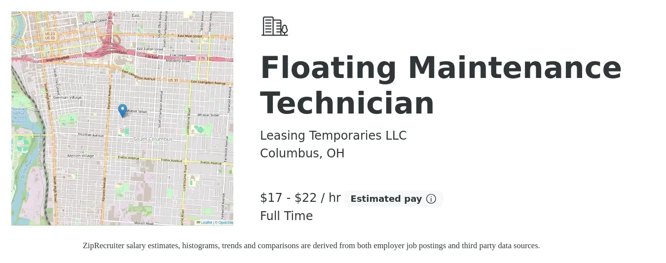 Leasing Temporaries LLC job posting for a Floating Maintenance Technician in Columbus, OH with a salary of $18 to $23 Hourly with a map of Columbus location.
