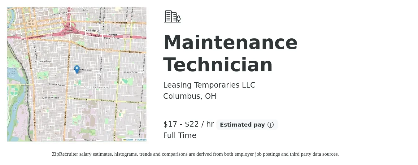 Leasing Temporaries LLC job posting for a Maintenance Technician in Columbus, OH with a salary of $18 to $23 Hourly with a map of Columbus location.