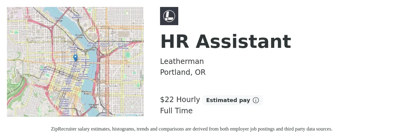 Leatherman job posting for a HR Assistant in Portland, OR with a salary of $23 Hourly with a map of Portland location.