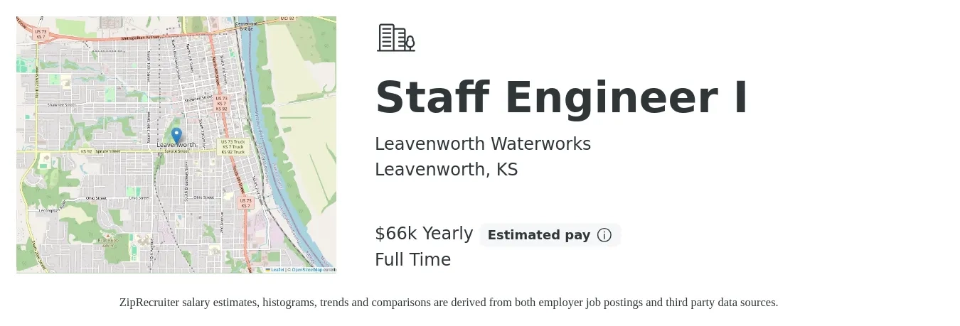Leavenworth Waterworks job posting for a Staff Engineer I in Leavenworth, KS with a salary of $66,560 Yearly with a map of Leavenworth location.
