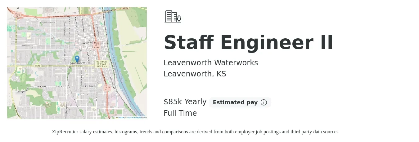 Leavenworth Waterworks job posting for a Staff Engineer II in Leavenworth, KS with a salary of $85,000 Yearly with a map of Leavenworth location.
