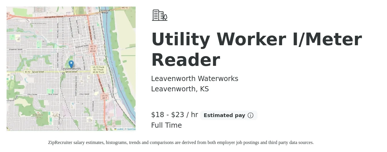 Leavenworth Waterworks job posting for a Utility Worker I/Meter Reader in Leavenworth, KS with a salary of $19 to $24 Hourly with a map of Leavenworth location.