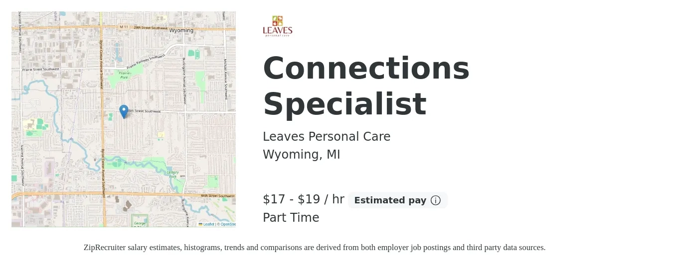 Leaves Personal Care job posting for a Connections Specialist in Wyoming, MI with a salary of $18 to $20 Hourly with a map of Wyoming location.