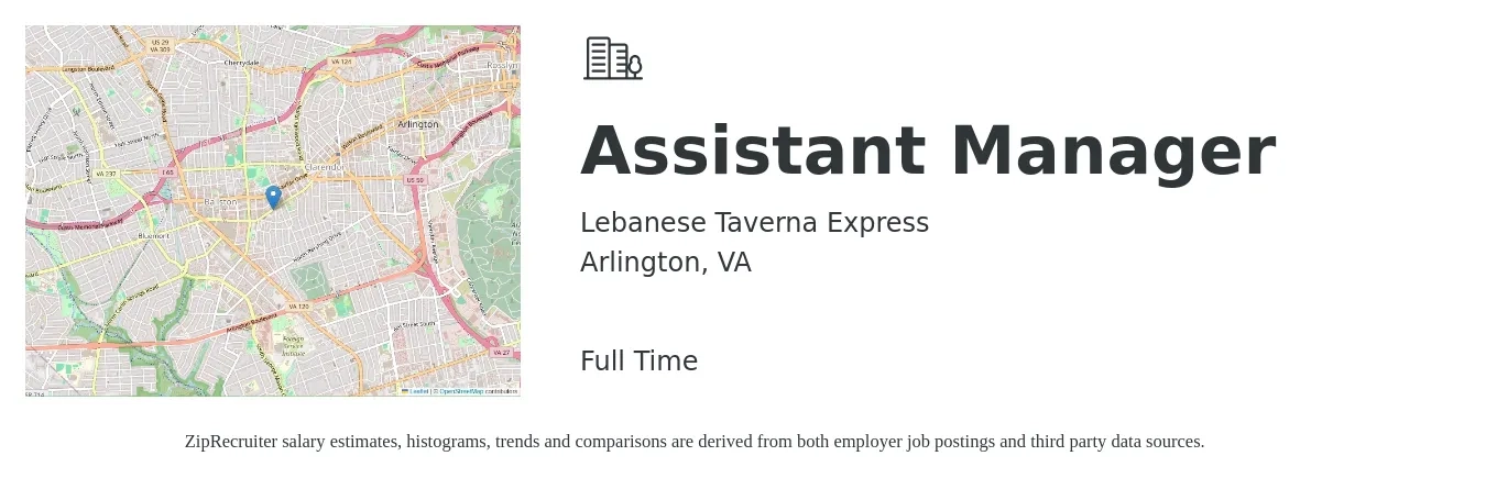 Lebanese Taverna Express job posting for a Assistant Manager in Arlington, VA with a salary of $19 to $29 Hourly with a map of Arlington location.
