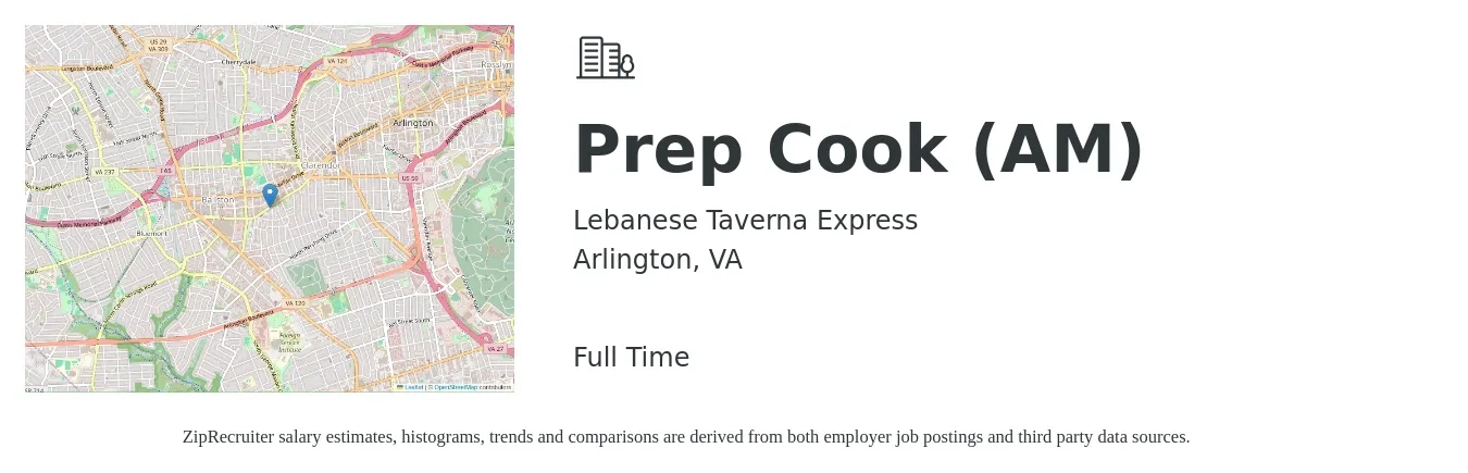 Lebanese Taverna Express job posting for a Prep Cook (AM) in Arlington, VA with a salary of $16 to $21 Hourly with a map of Arlington location.