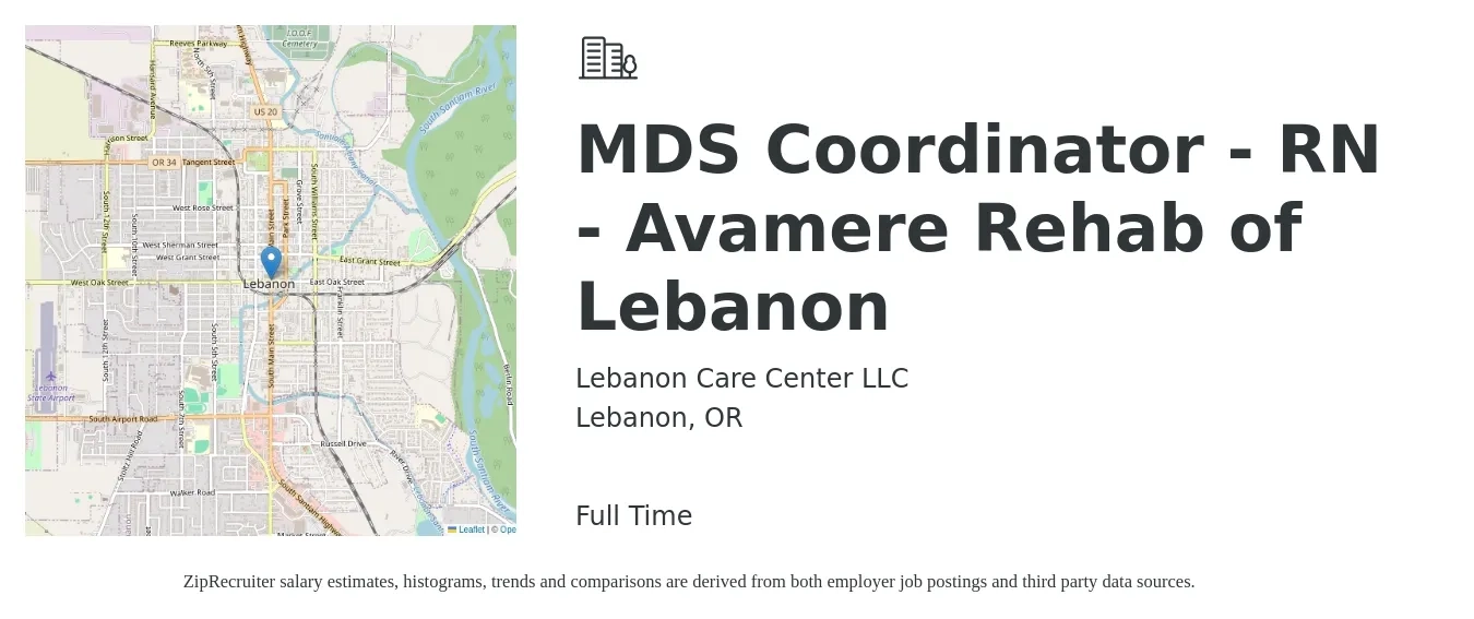 Lebanon Care Center LLC job posting for a MDS Coordinator - RN - Avamere Rehab of Lebanon in Lebanon, OR with a salary of $36 to $47 Hourly with a map of Lebanon location.