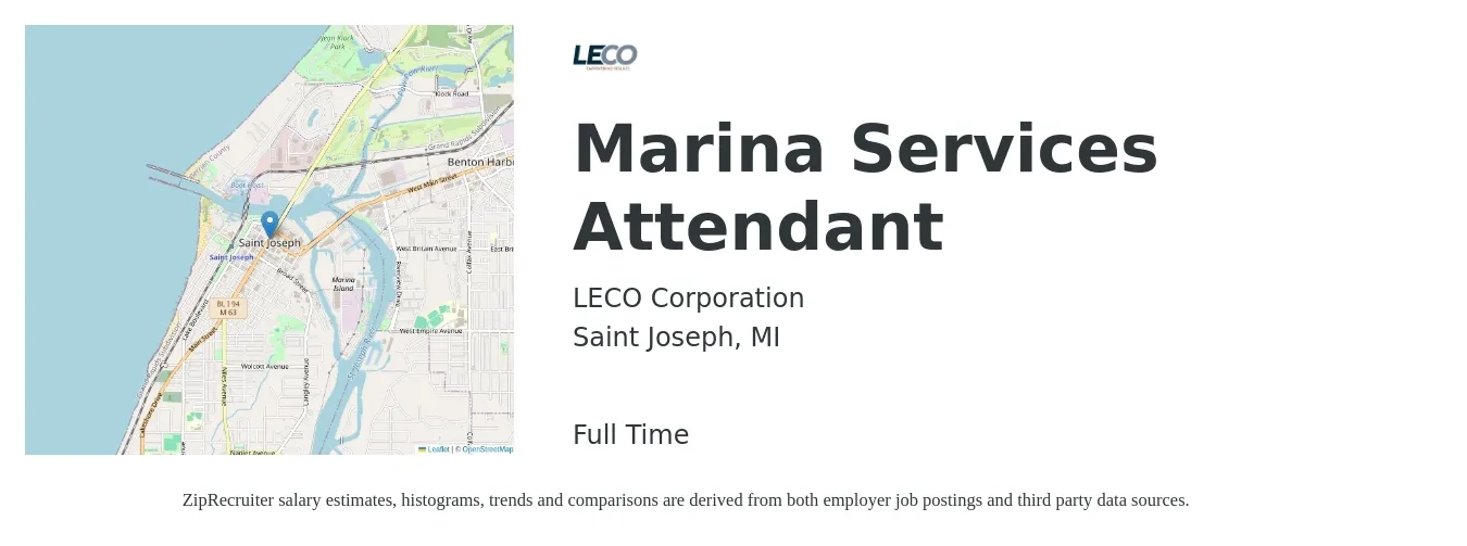 LECO Corporation job posting for a Marina Services Attendant in Saint Joseph, MI with a salary of $13 to $17 Hourly with a map of Saint Joseph location.