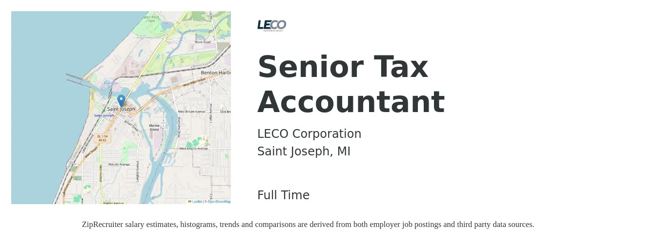 LECO Corporation job posting for a Senior Tax Accountant in Saint Joseph, MI with a salary of $77,400 to $99,100 Yearly with a map of Saint Joseph location.