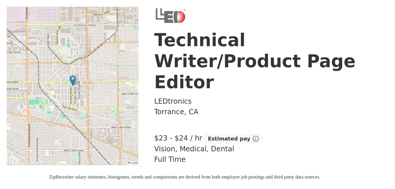 LEDtronics job posting for a Technical Writer/Product Page Editor in Torrance, CA with a salary of $24 to $25 Hourly and benefits including pto, retirement, vision, dental, life_insurance, and medical with a map of Torrance location.
