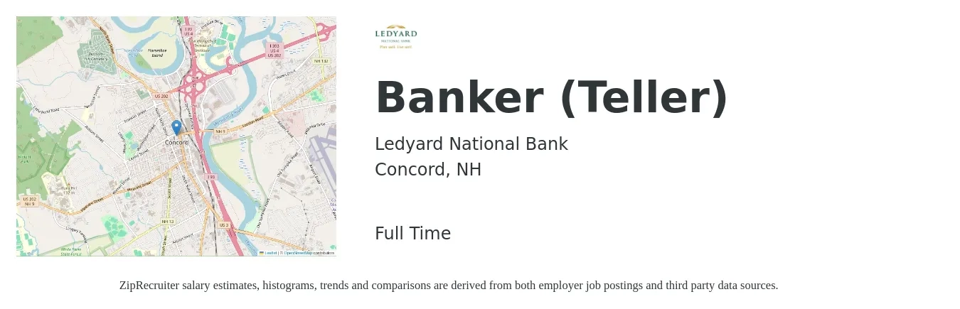 Ledyard National Bank job posting for a Banker (Teller) in Concord, NH with a salary of $16 to $20 Hourly with a map of Concord location.