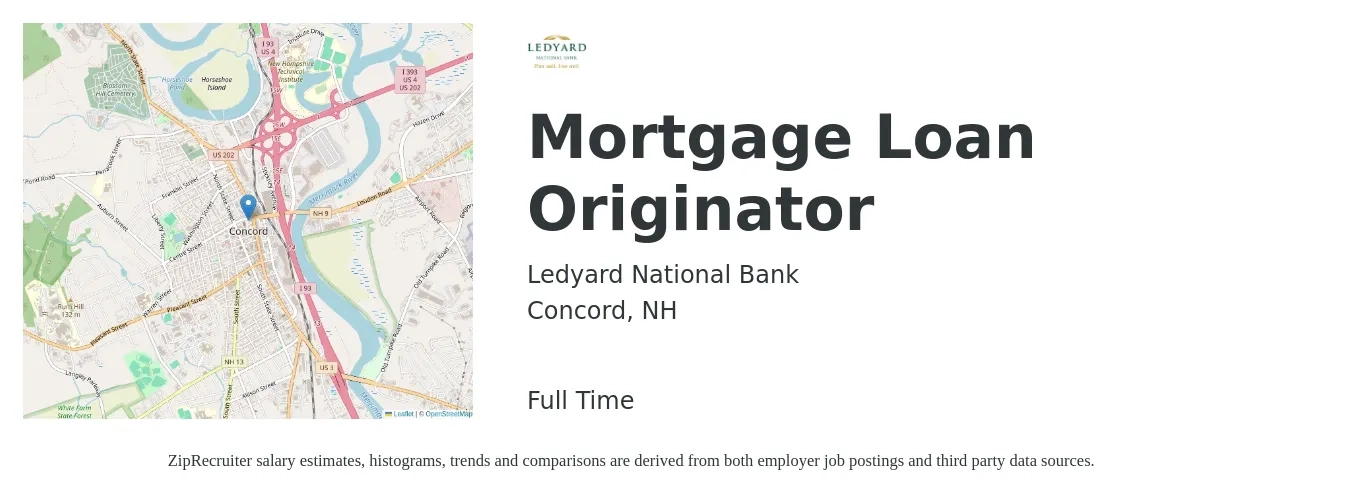 Ledyard National Bank job posting for a Mortgage Loan Originator in Concord, NH with a salary of $16 to $45 Hourly with a map of Concord location.