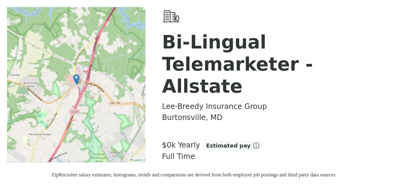 Lee-Breedy Insurance Group job posting for a Bi-Lingual Telemarketer - Allstate in Burtonsville, MD with a salary of $15 to $17 Yearly with a map of Burtonsville location.