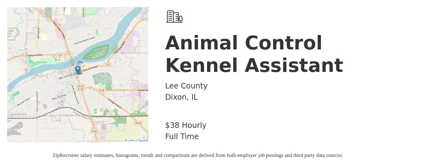 Lee County job posting for a Animal Control Kennel Assistant in Dixon, IL with a salary of $40 Hourly with a map of Dixon location.