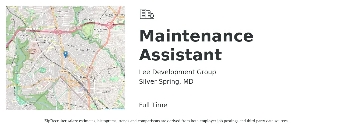 Lee Development Group job posting for a Maintenance Assistant in Silver Spring, MD with a salary of $22 Hourly with a map of Silver Spring location.