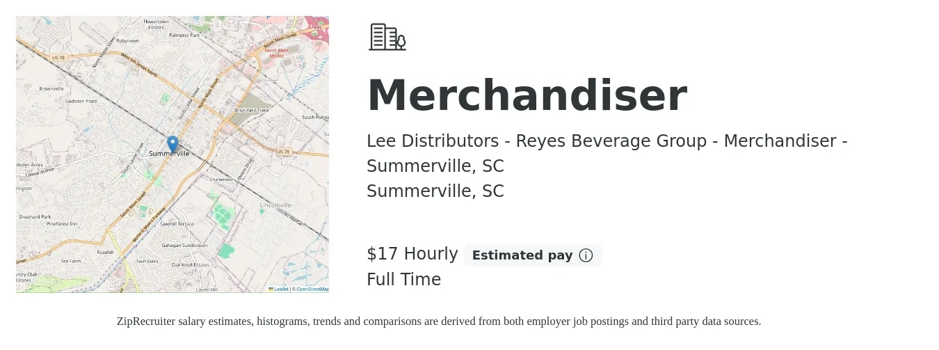 Lee Distributors - Reyes Beverage Group - Merchandiser - Summerville, SC job posting for a Merchandiser in Summerville, SC with a salary of $18 Hourly with a map of Summerville location.