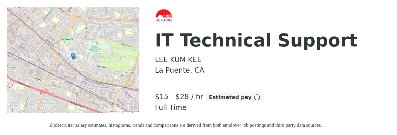 LEE KUM KEE job posting for a IT Technical Support in La Puente, CA with a salary of $16 to $30 Hourly with a map of La Puente location.