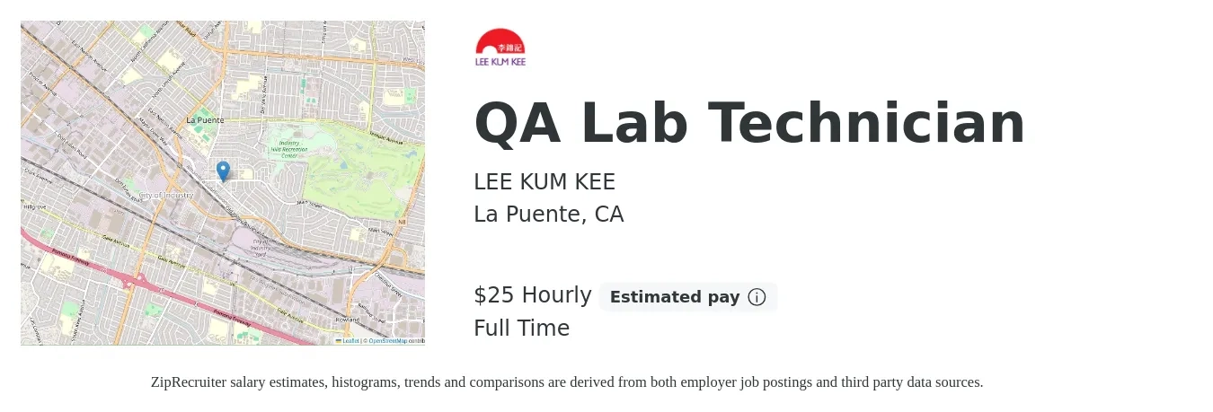 LEE KUM KEE job posting for a QA Lab Technician in La Puente, CA with a salary of $26 Hourly with a map of La Puente location.