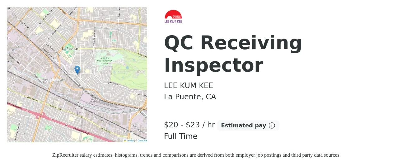 LEE KUM KEE job posting for a QC Receiving Inspector in La Puente, CA with a salary of $21 to $24 Hourly with a map of La Puente location.