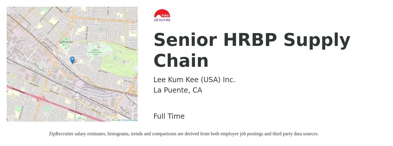 Lee Kum Kee (USA) Inc. job posting for a Senior HRBP Supply Chain in La Puente, CA with a salary of $82,700 to $117,600 Yearly with a map of La Puente location.