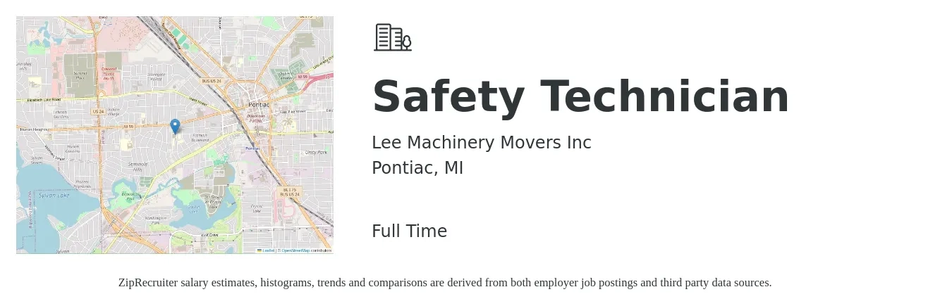 Lee Machinery Movers Inc job posting for a Safety Technician in Pontiac, MI with a salary of $19 to $27 Hourly with a map of Pontiac location.