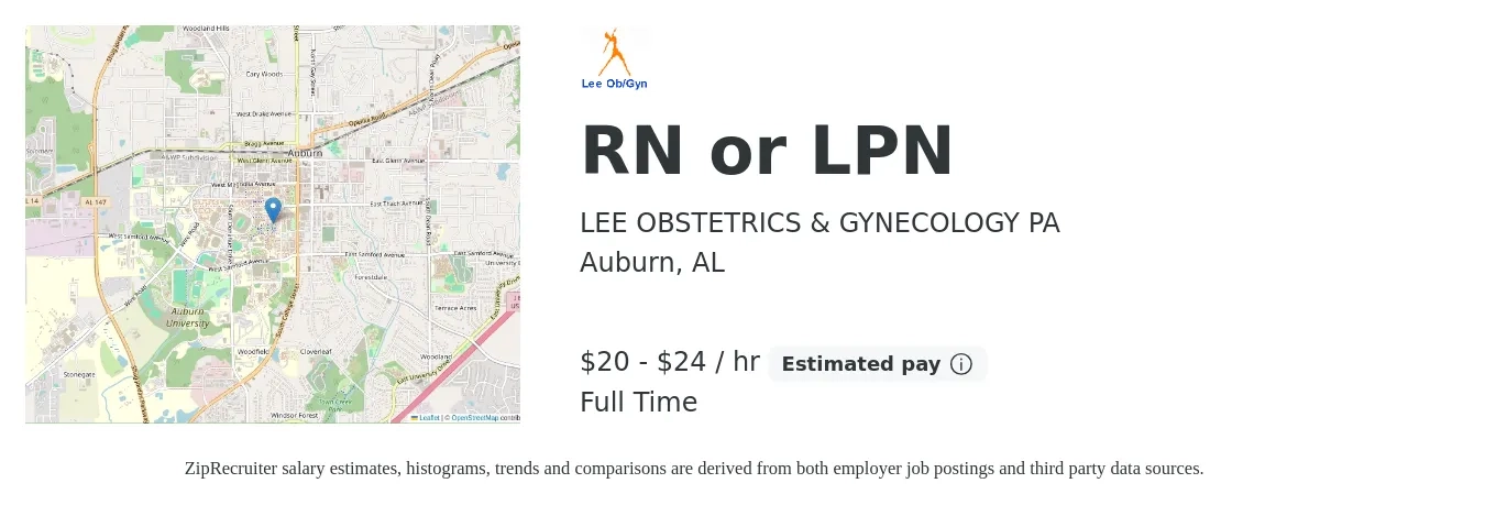 LEE OBSTETRICS & GYNECOLOGY PA job posting for a RN or LPN in Auburn, AL with a salary of $21 to $25 Hourly with a map of Auburn location.