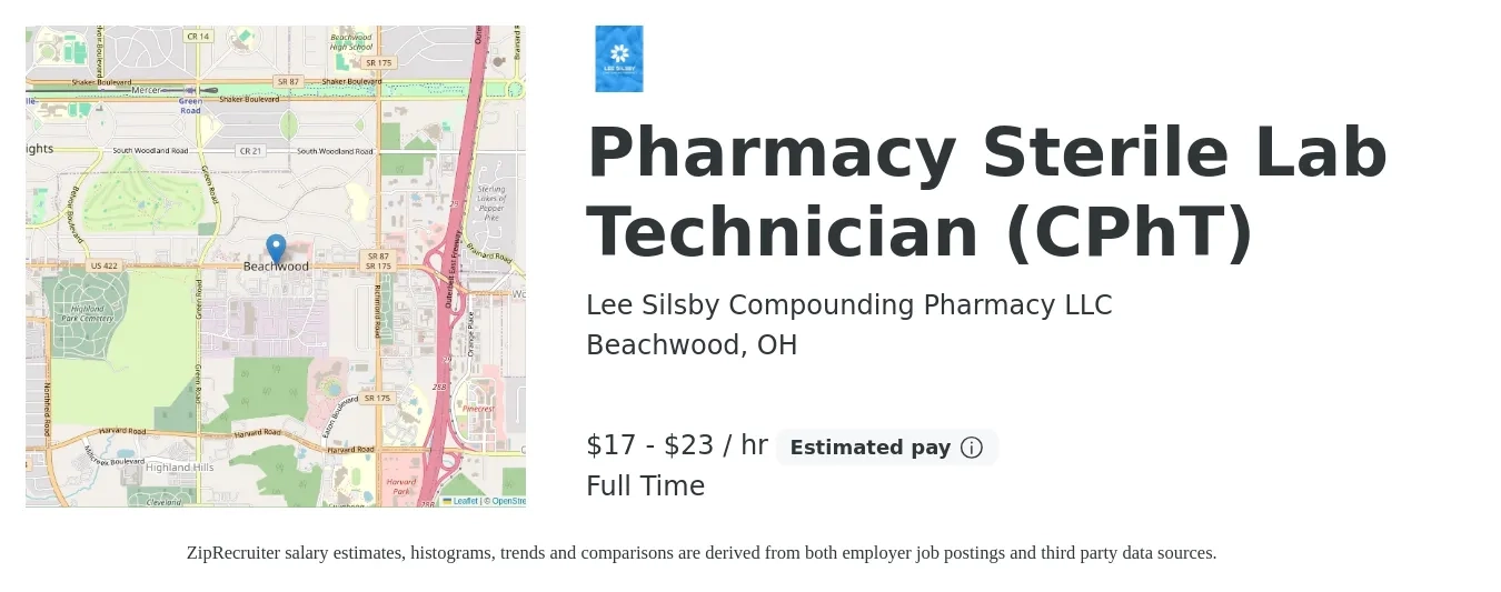 Lee Silsby Compounding Pharmacy LLC job posting for a Pharmacy Sterile Lab Technician (CPhT) in Beachwood, OH with a salary of $18 to $24 Hourly with a map of Beachwood location.