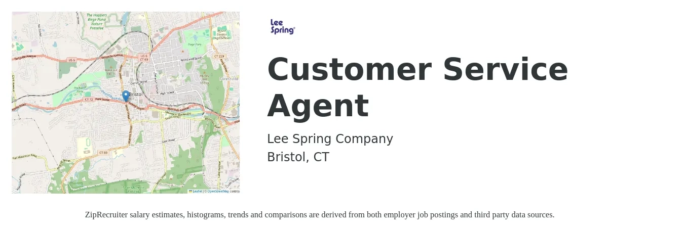 Lee Spring Company job posting for a Customer Service Agent in Bristol, CT with a salary of $18 to $20 Hourly with a map of Bristol location.