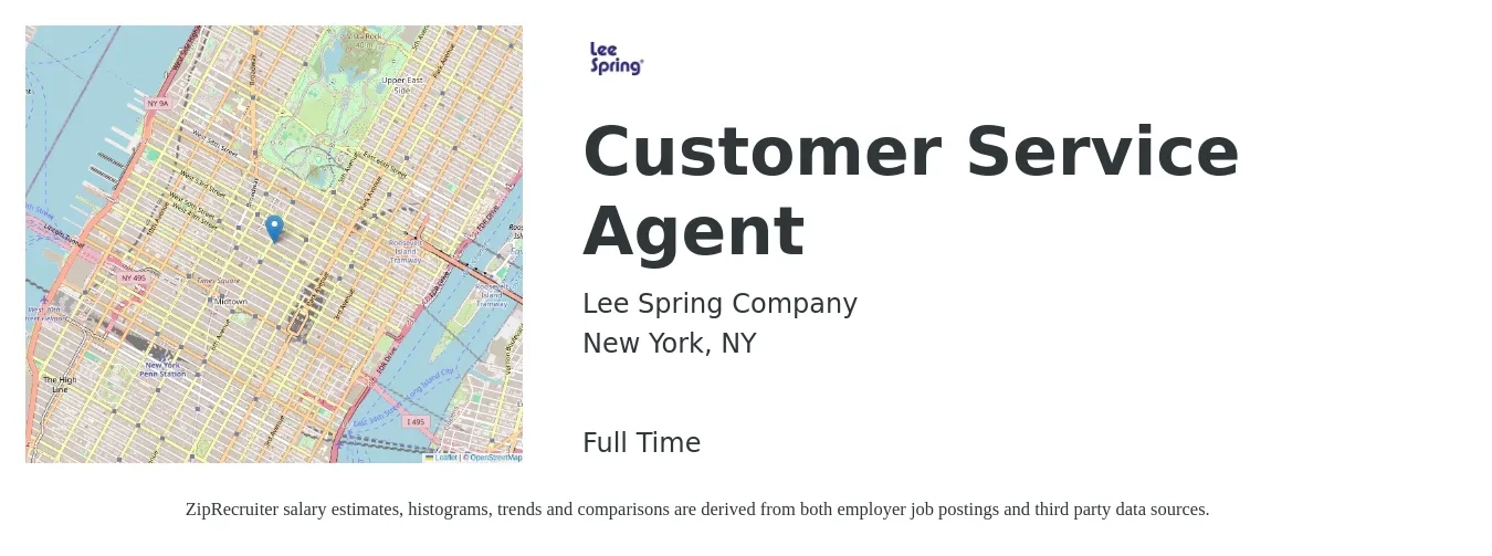 Lee Spring Company job posting for a Customer Service Agent in New York, NY with a salary of $18 to $20 Hourly with a map of New York location.