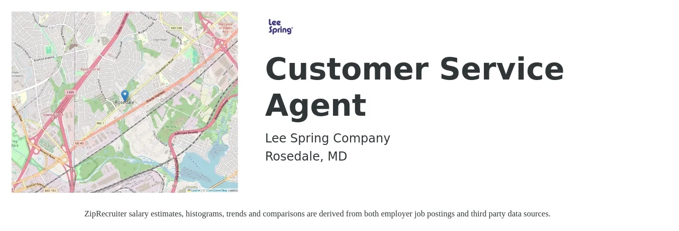 Lee Spring Company job posting for a Customer Service Agent in Rosedale, MD with a salary of $18 to $20 Hourly with a map of Rosedale location.