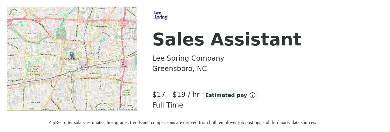 Lee Spring Company job posting for a Sales Assistant in Greensboro, NC with a salary of $18 to $20 Hourly with a map of Greensboro location.