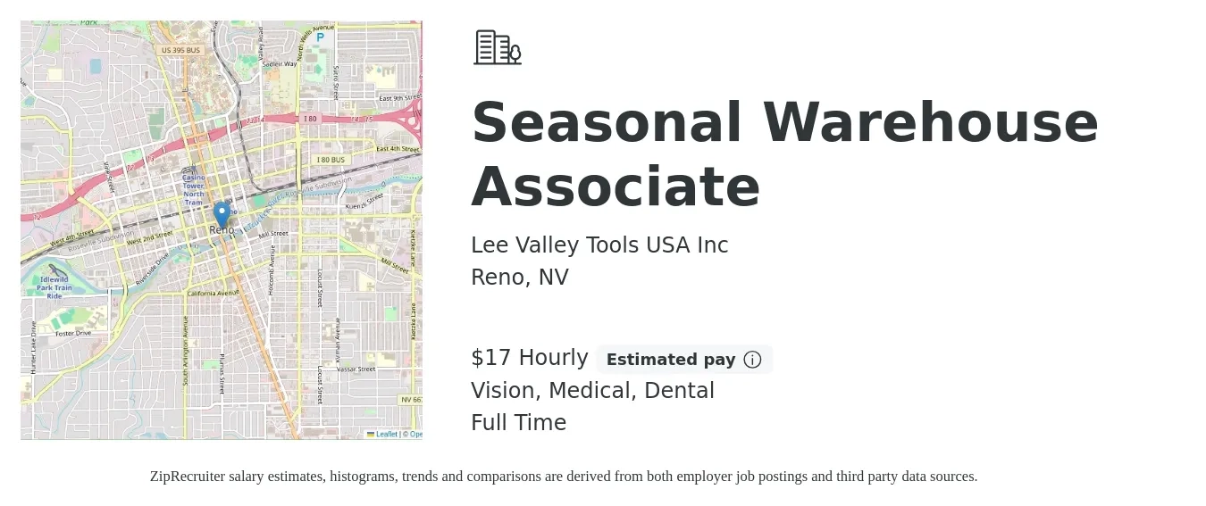 Lee Valley Tools USA Inc job posting for a Seasonal Warehouse Associate in Reno, NV with a salary of $18 Hourly and benefits including vision, dental, life_insurance, medical, and pto with a map of Reno location.