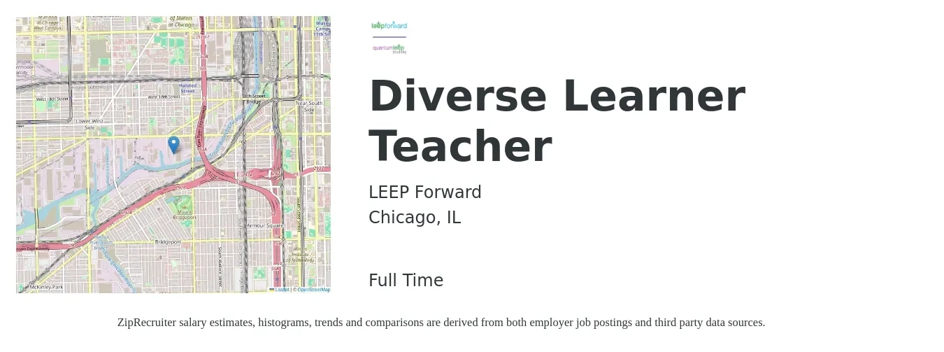 LEEP Forward job posting for a Diverse Learner Teacher in Chicago, IL with a salary of $34,500 to $58,800 Yearly with a map of Chicago location.