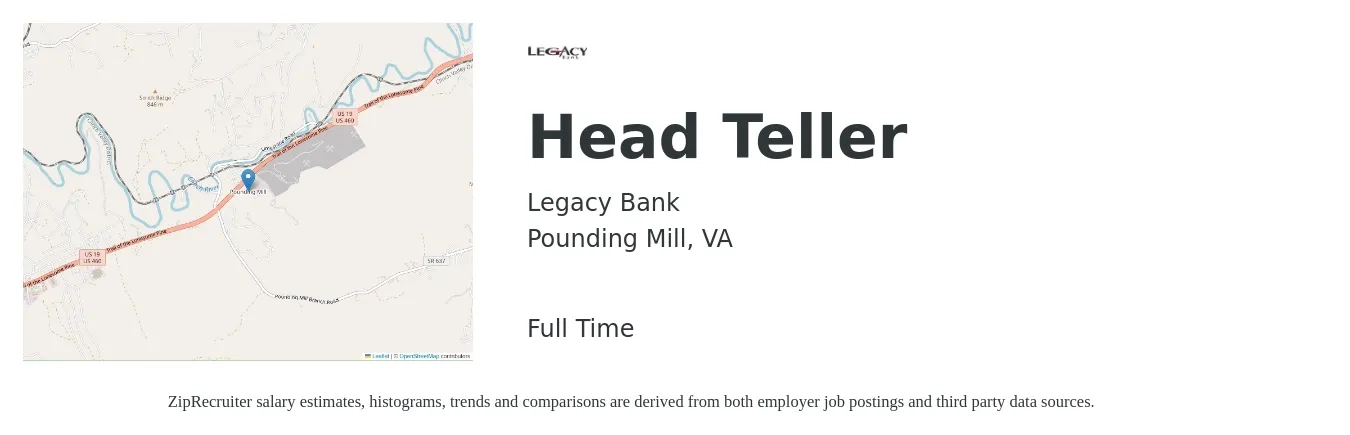 Legacy Bank job posting for a Head Teller in Pounding Mill, VA with a salary of $19 to $24 Hourly with a map of Pounding Mill location.