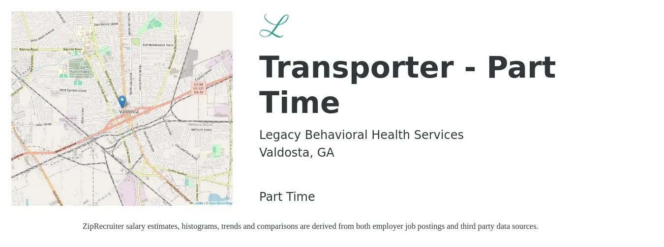 Legacy Behavioral Health Services job posting for a Transporter - Part Time in Valdosta, GA with a map of Valdosta location.
