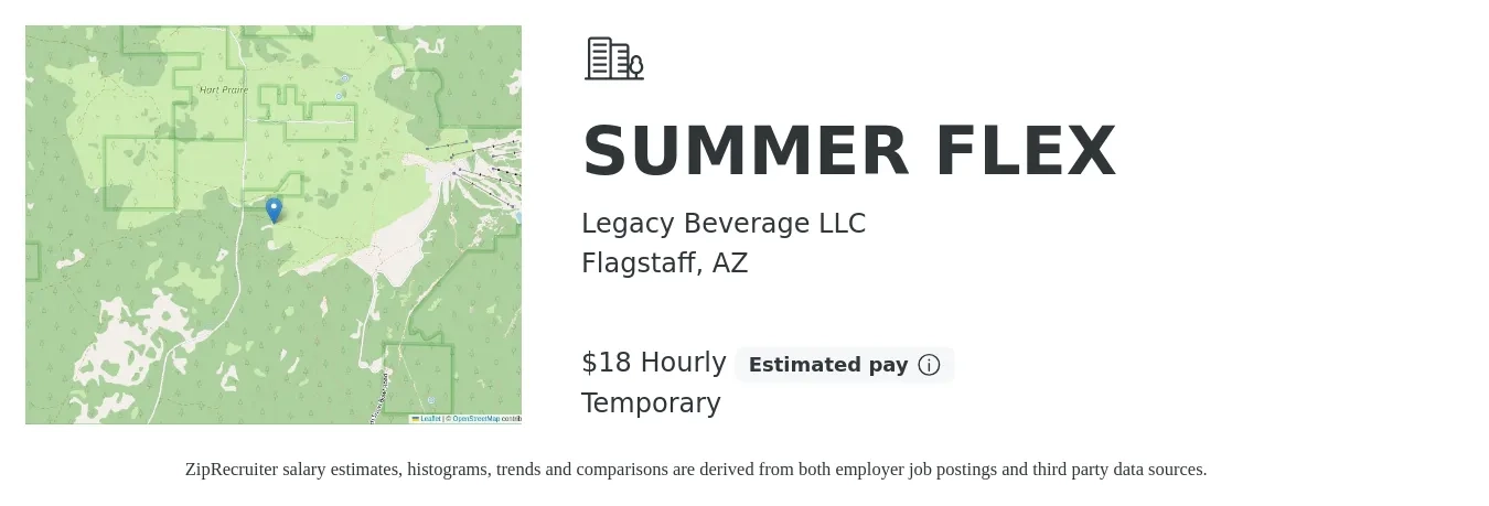 Legacy Beverage LLC job posting for a SUMMER FLEX in Flagstaff, AZ with a salary of $20 Hourly with a map of Flagstaff location.