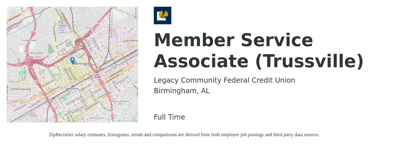 Legacy Community Federal Credit Union job posting for a Member Service Associate (Trussville) in Birmingham, AL with a salary of $12 to $18 Hourly with a map of Birmingham location.