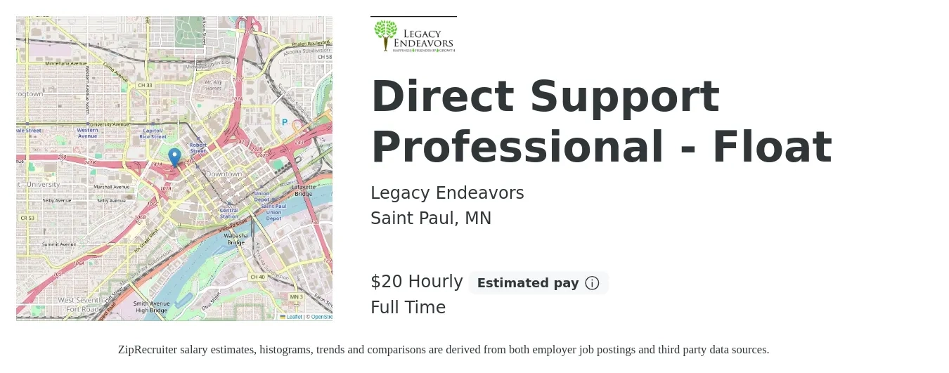 Legacy Endeavors job posting for a Direct Support Professional - Float in Saint Paul, MN with a salary of $21 Hourly and benefits including retirement, and pto with a map of Saint Paul location.