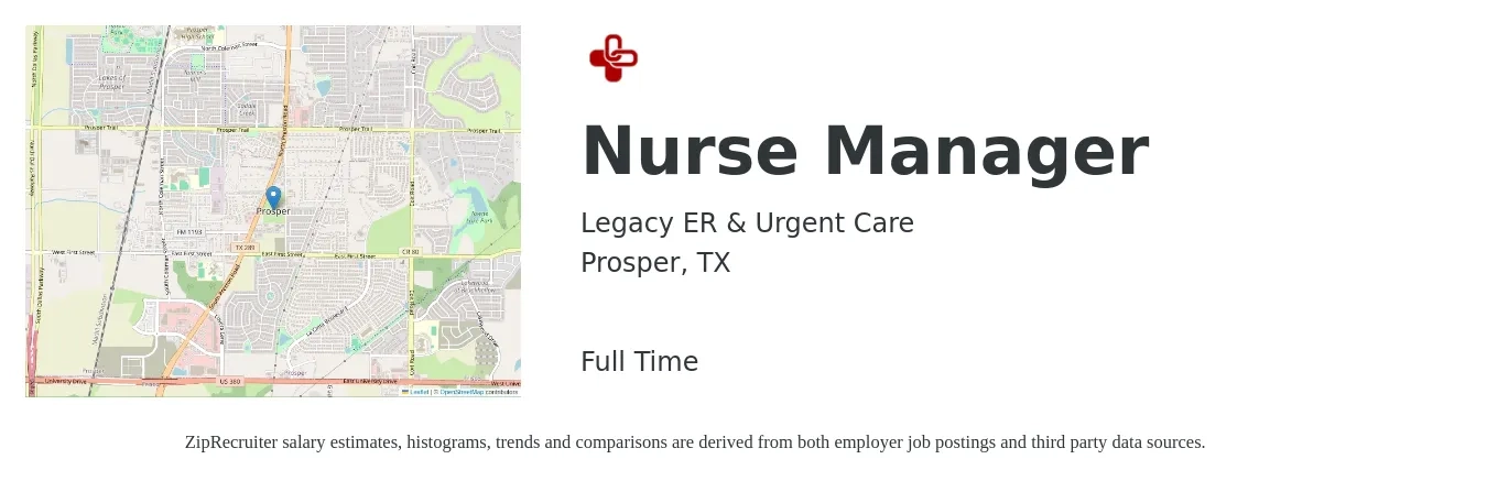 Legacy ER & Urgent Care job posting for a Nurse Manager in Prosper, TX with a salary of $36 to $53 Hourly with a map of Prosper location.