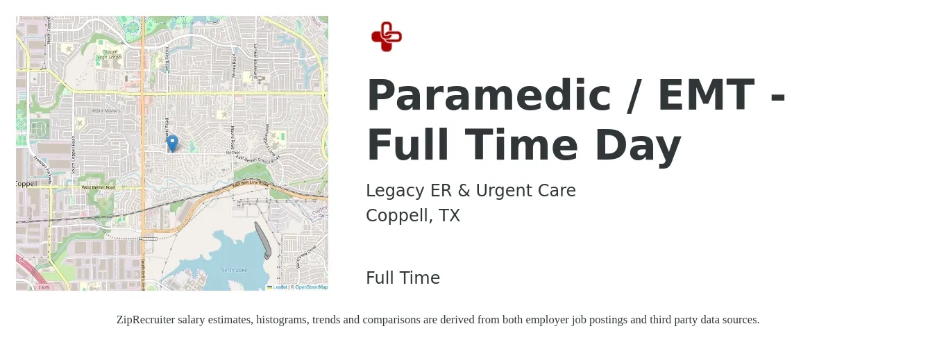Legacy ER & Urgent Care job posting for a Paramedic / EMT - Full Time Day in Coppell, TX with a salary of $20 to $28 Hourly with a map of Coppell location.