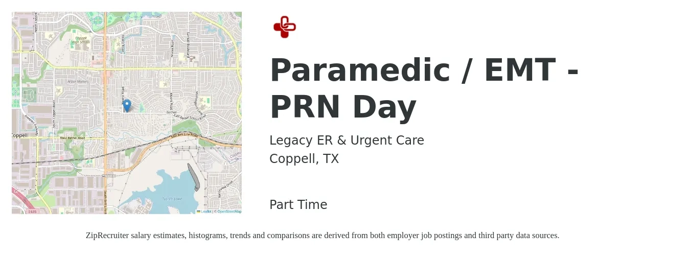 Legacy ER & Urgent Care job posting for a Paramedic / EMT - PRN Day in Coppell, TX with a salary of $20 to $28 Hourly with a map of Coppell location.