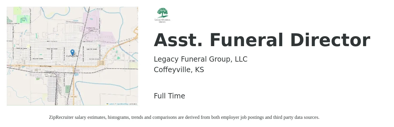 Legacy Funeral Group, LLC job posting for a Asst. Funeral Director in Coffeyville, KS with a salary of $45,500 to $65,800 Yearly with a map of Coffeyville location.