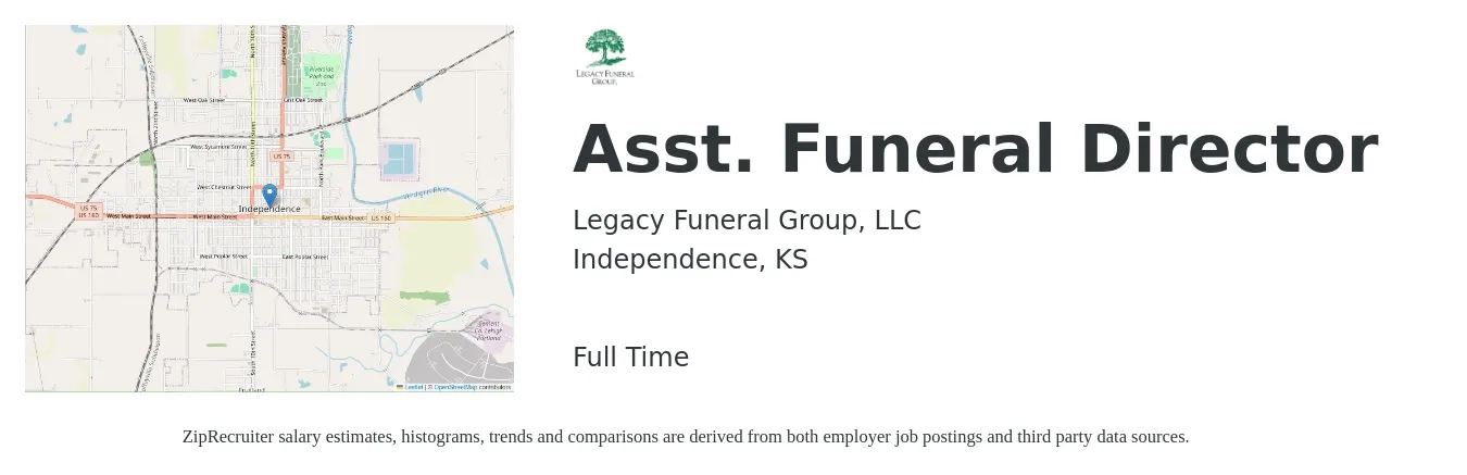 Legacy Funeral Group, LLC job posting for a Asst. Funeral Director in Independence, KS with a salary of $36,600 to $73,700 Yearly with a map of Independence location.