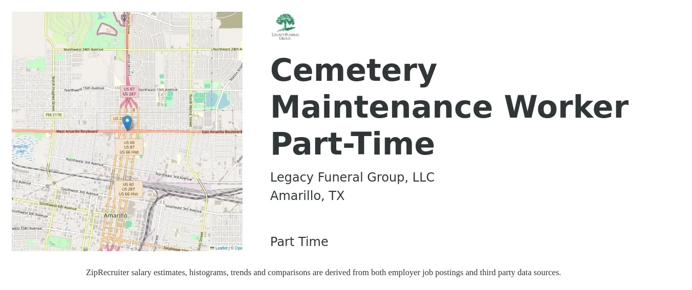 Legacy Funeral Group, LLC job posting for a Cemetery Maintenance Worker Part-Time in Amarillo, TX with a salary of $14 to $20 Hourly with a map of Amarillo location.