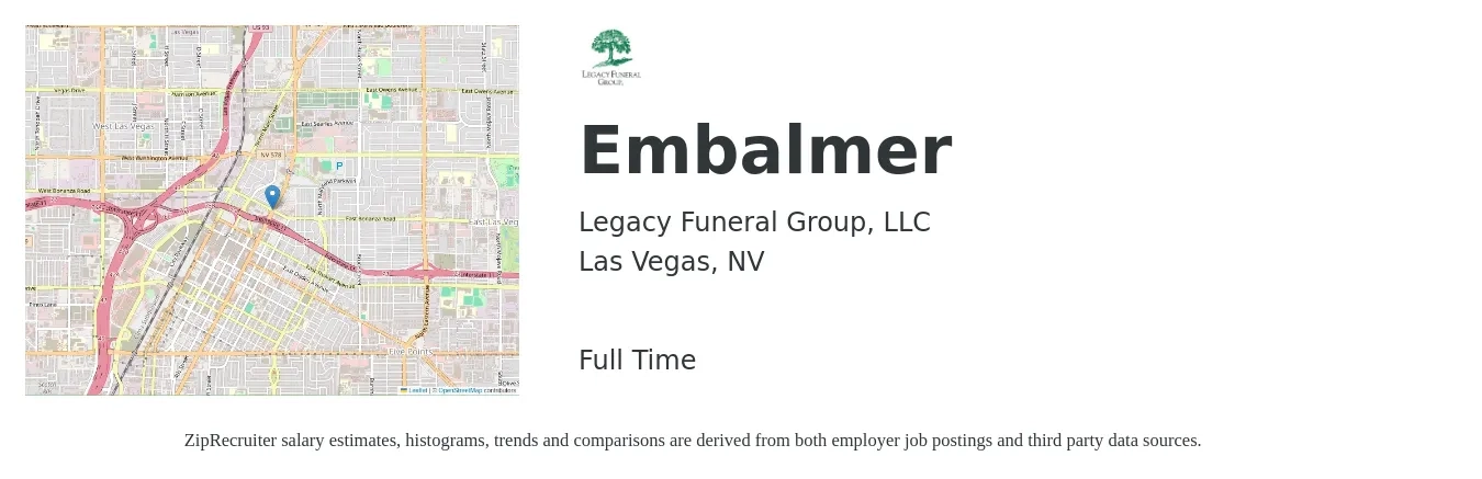 Legacy Funeral Group, LLC job posting for a Embalmer in Las Vegas, NV with a salary of $45,300 to $59,000 Yearly with a map of Las Vegas location.