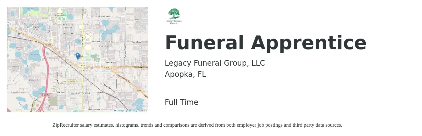 Legacy Funeral Group, LLC job posting for a Funeral Apprentice in Apopka, FL with a salary of $14 to $19 Hourly with a map of Apopka location.