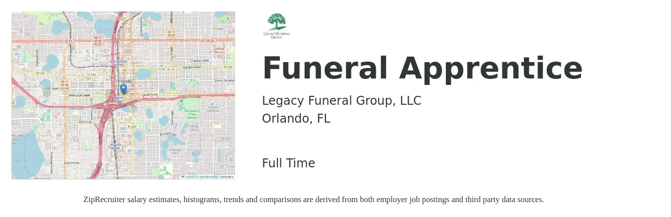 Legacy Funeral Group, LLC job posting for a Funeral Apprentice in Orlando, FL with a salary of $15 to $20 Hourly with a map of Orlando location.