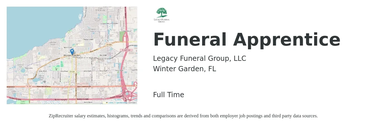 Legacy Funeral Group, LLC job posting for a Funeral Apprentice in Winter Garden, FL with a salary of $14 to $20 Hourly with a map of Winter Garden location.